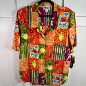 Maggie Sweet Women 1X Patchwork Lemon Floral Stripe Short Sleeve Button Shirt